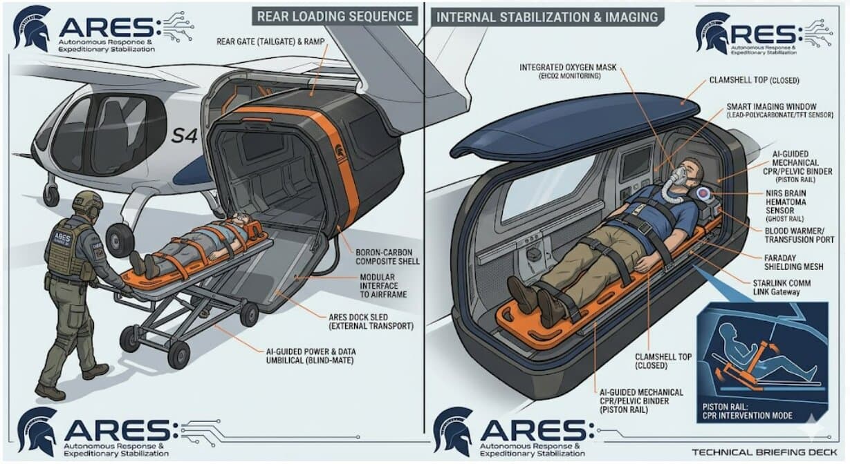 Illustration of a soldier loading a casualty into the Ares Golden Hour Pod