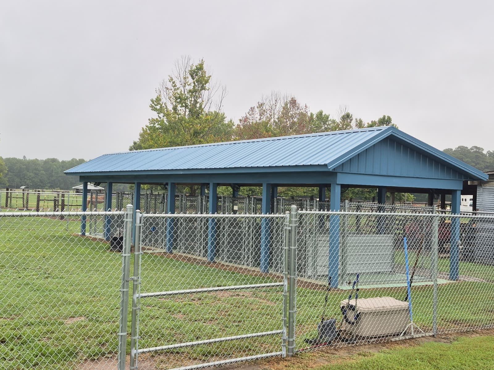Covered outdoor kennel runs behind a chain-link fence at the canine facility