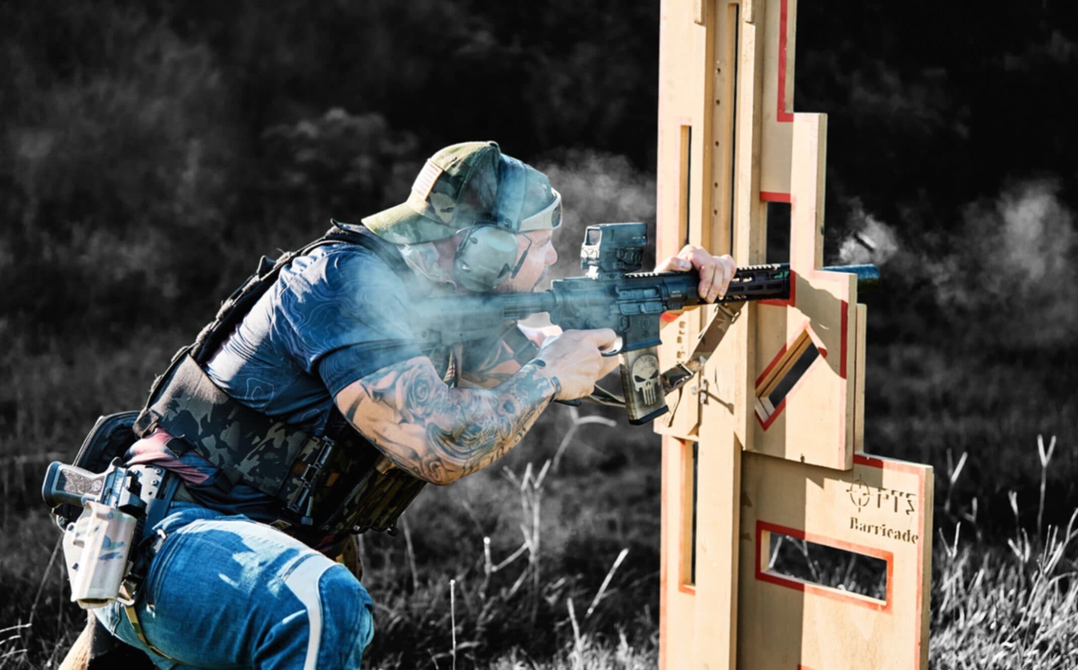 Shooter firing from a barricade during a drill at Legacy Ranch